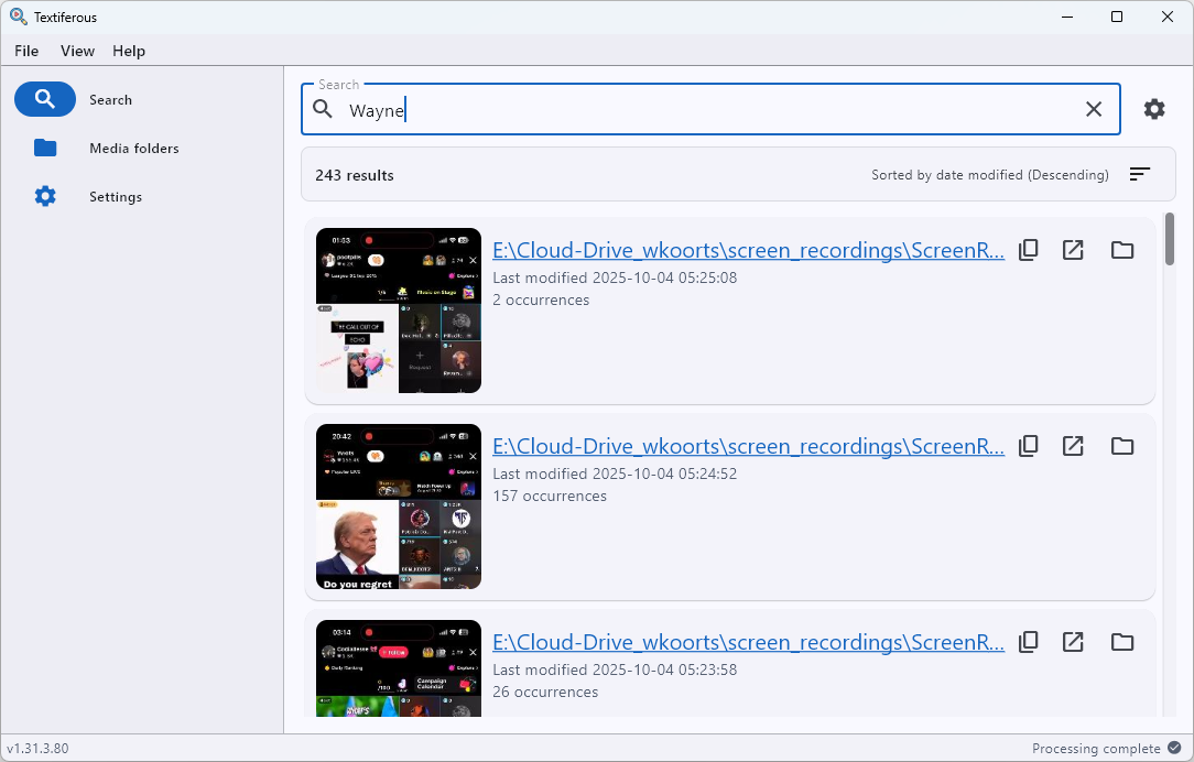 Textiferous application showing search results for 'Wayne' with multiple video thumbnails and metadata