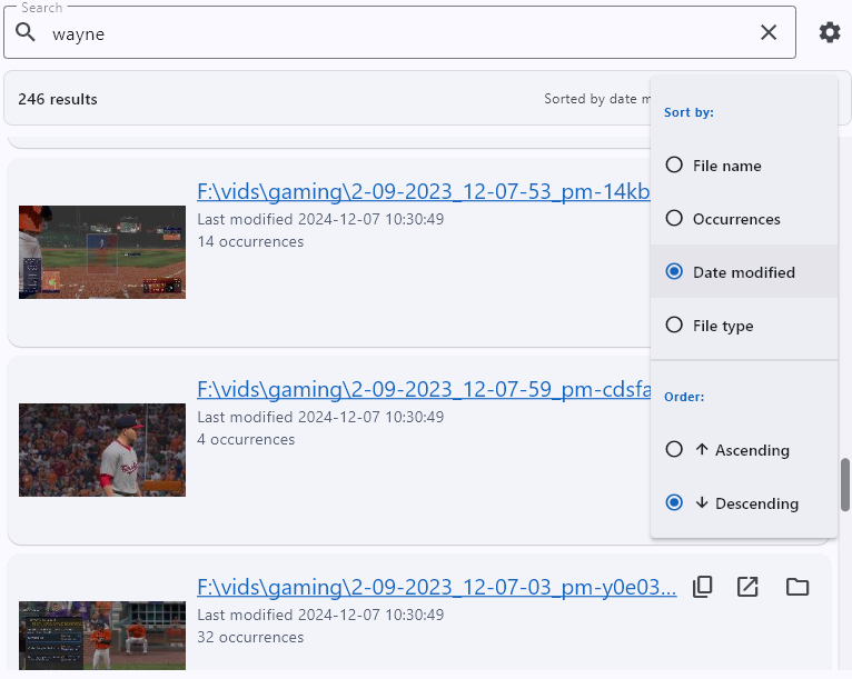 Search results showing multiple video thumbnails with search term highlighted