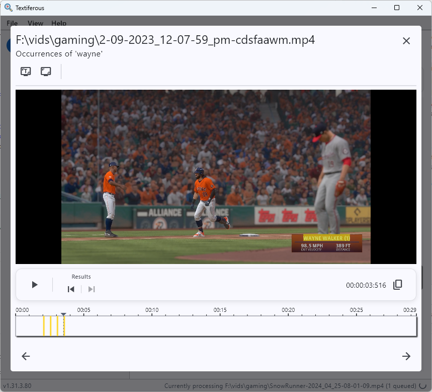 Video player showing baseball game with timeline and search occurrence markers